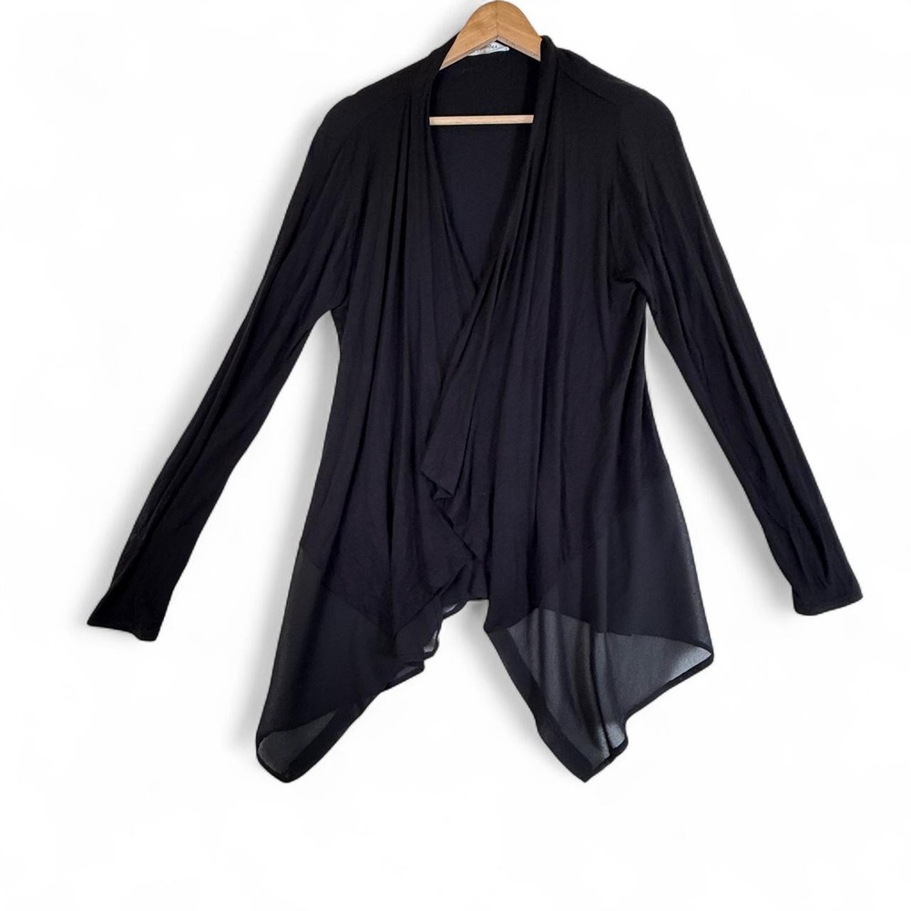 August Silk Waterfall Open Front Cardigan Sheer Chiffon Hem Black Medium